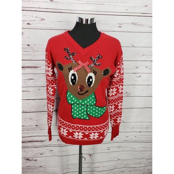 ND new directions Christmas Holiday Ugly Women's small‎ Sweater Reindeer Red - Picture 7 of 10